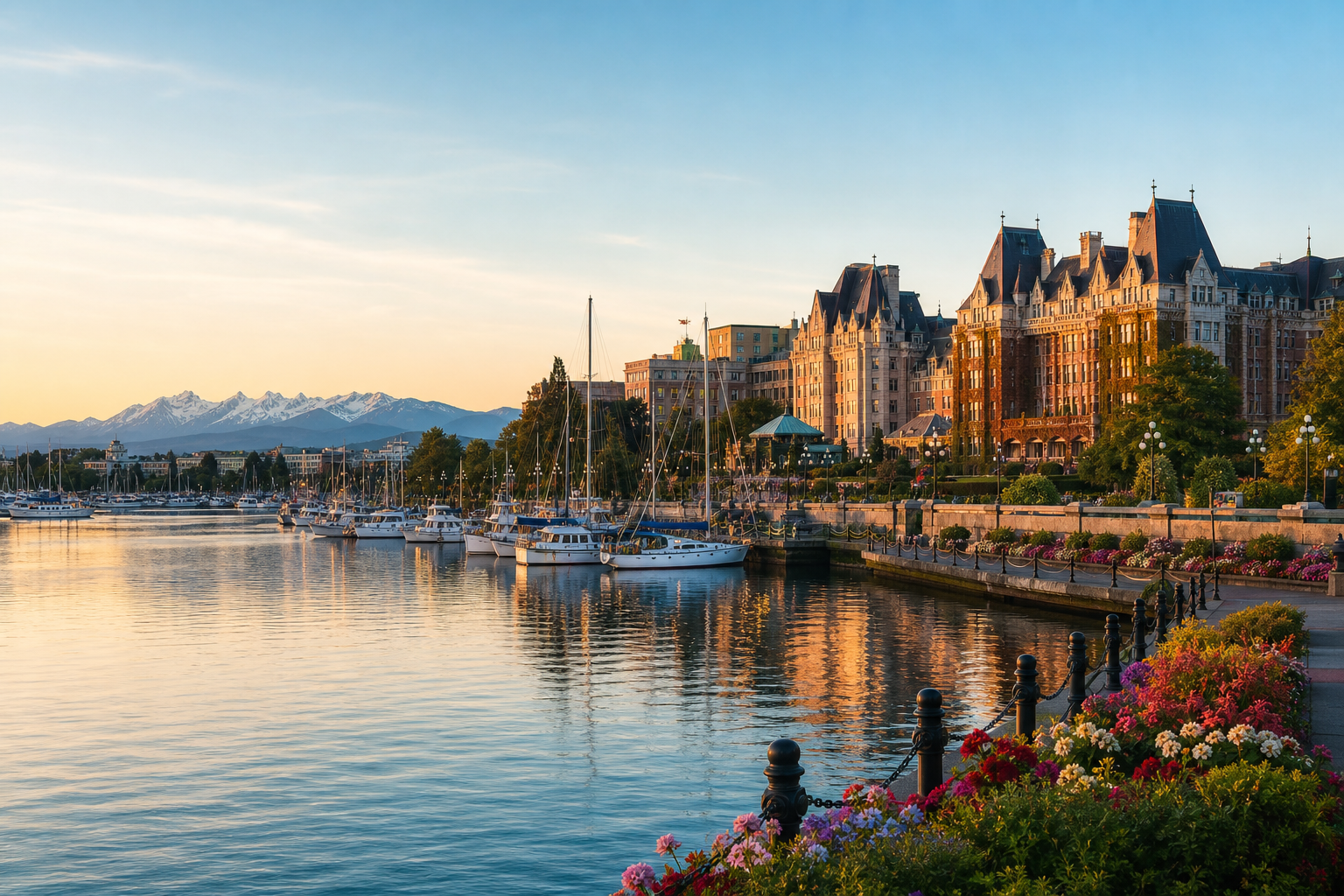 Victoria Inner Harbour at golden hour with boats, historic waterfront buildings, flowers, and mountain backdrop
